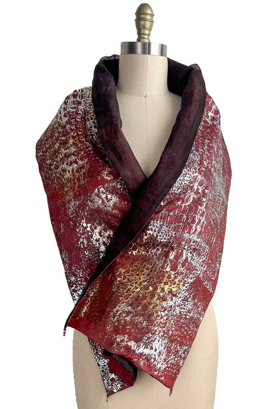 Shawl | Silk Organza & China Silk | Foil Alligator Print | Burgundy