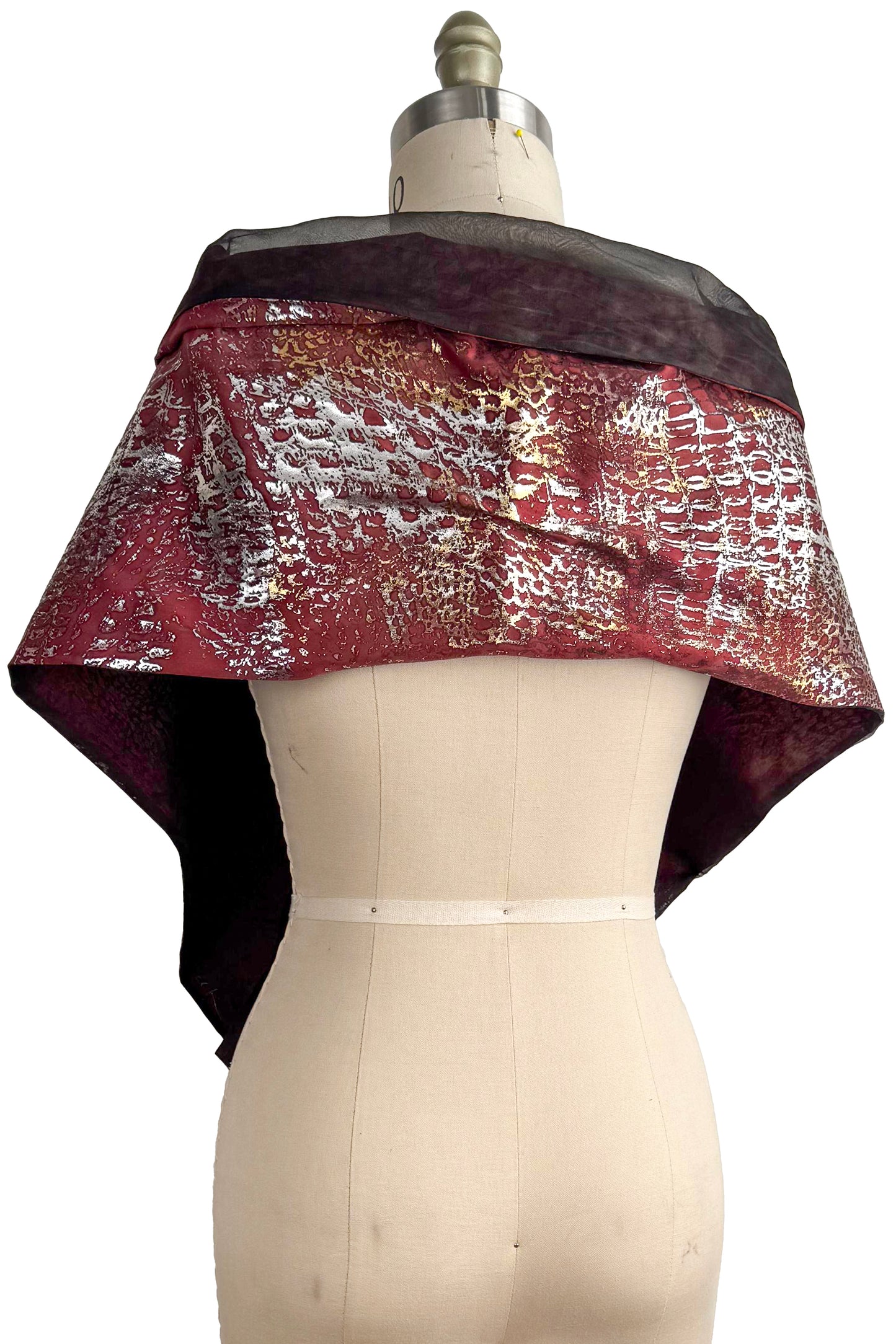Shawl | Silk Organza & China Silk | Foil Alligator Print | Burgundy