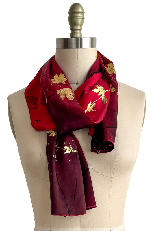 Scarf | Silk Charmeuse | Foil Hops Vine & Branch Print | Red, Black & Gold