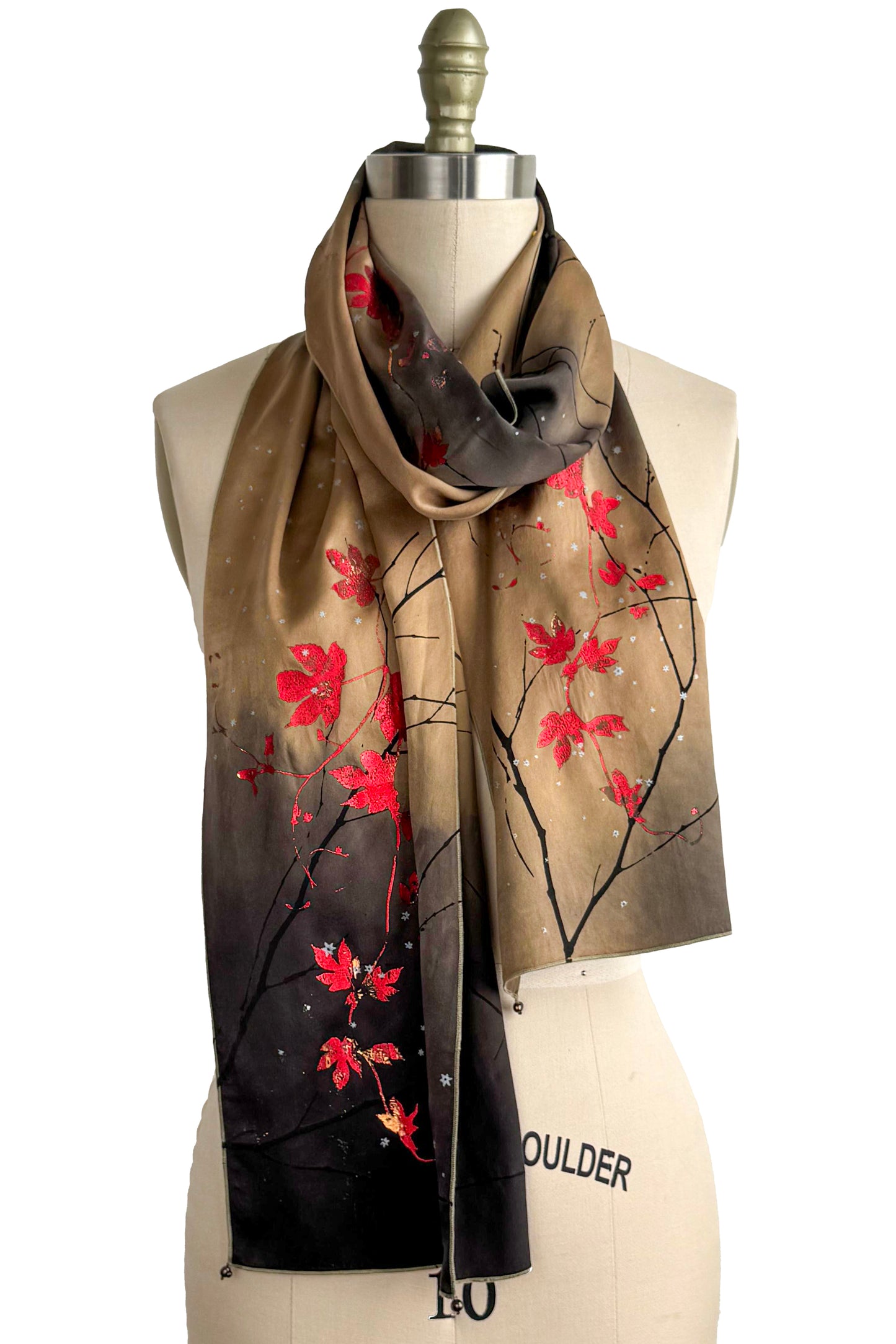 Scarf | Silk Charmeuse | Foil Hops Vine & Branch Print | Orange, Black & Red