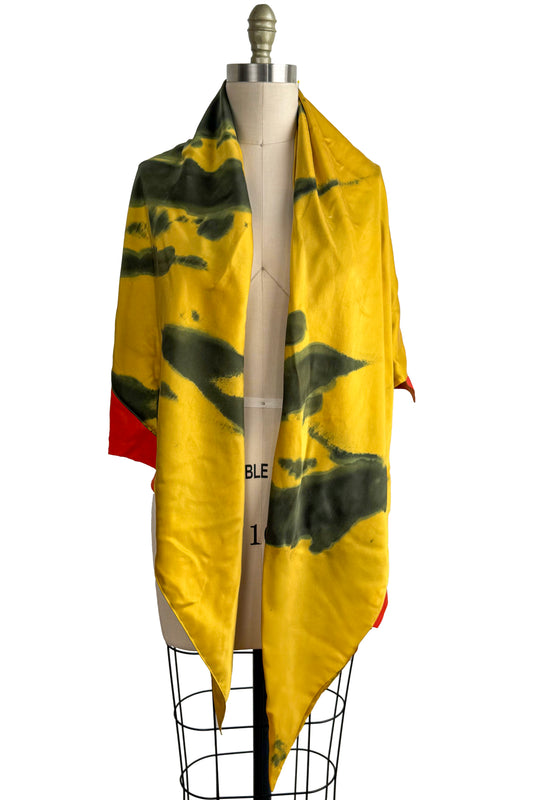 Triangle Shawl w/ Leather Trim | Silk Charmeuse | Chartreuse & Red