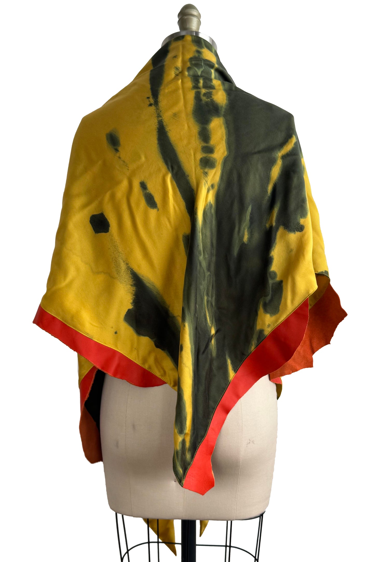 Triangle Shawl w/ Leather Trim | Silk Charmeuse | Chartreuse & Red