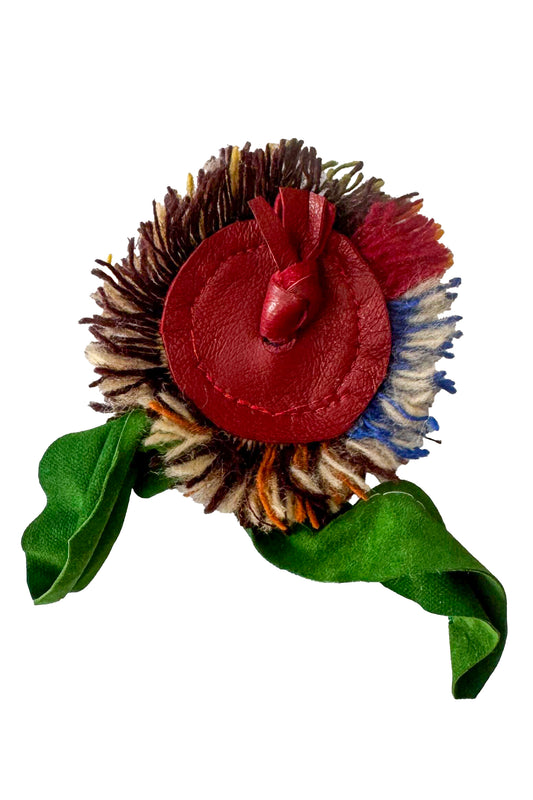 Magnetic Floral Brooch | Fringe | Leather & Wool | Red Multi
