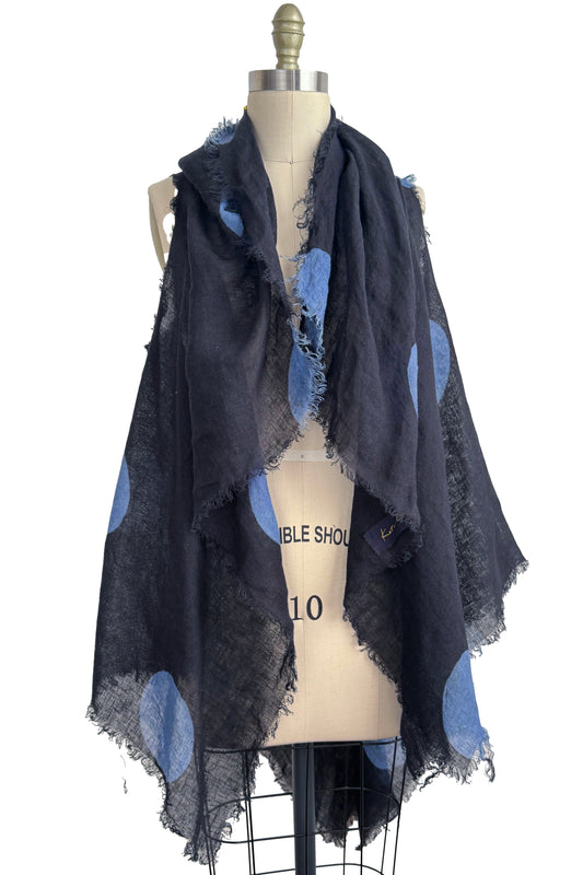 Asymmetrical Wrap Vest | Open Weave Linen | Moon Dot Print Overdye | Black & Blue