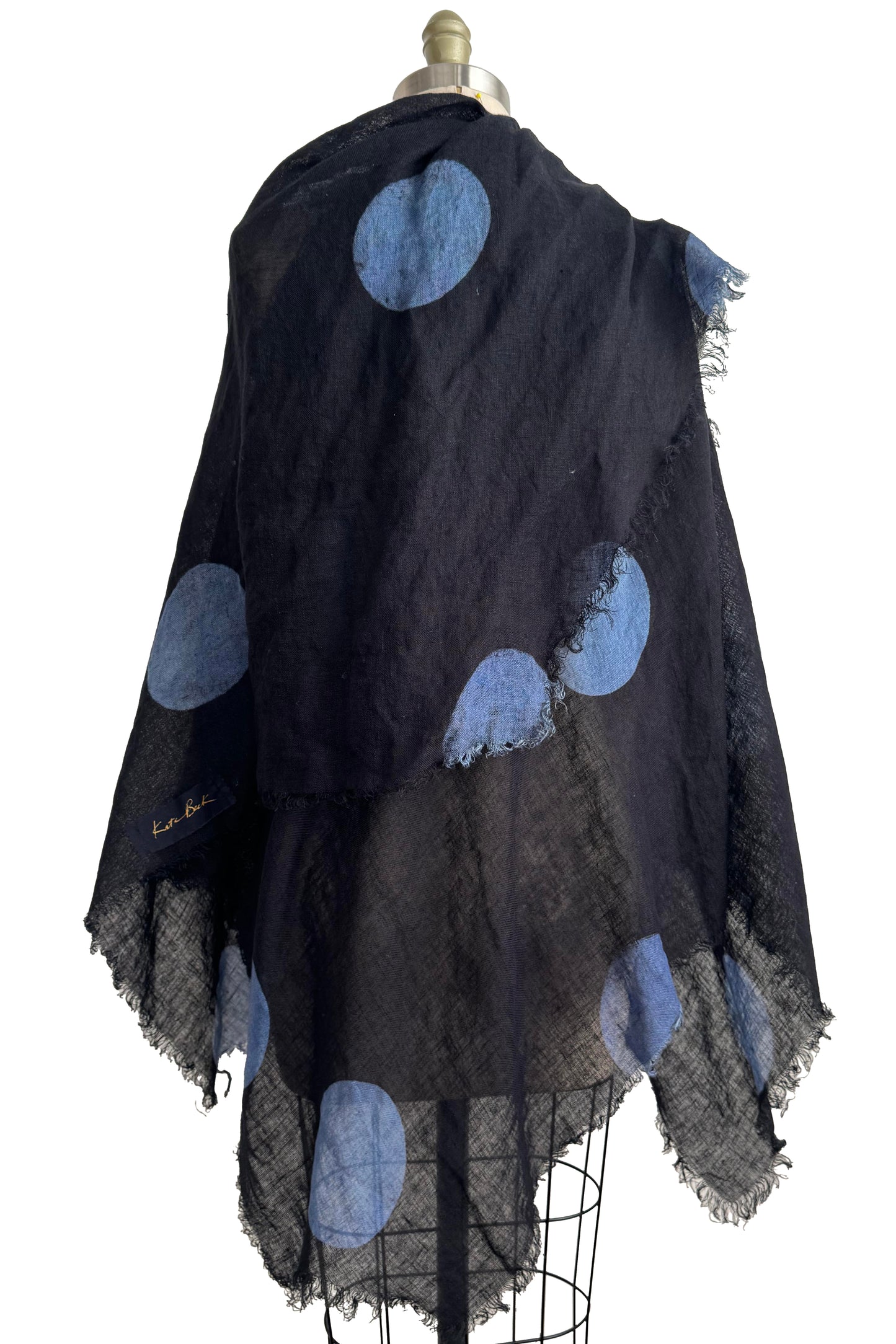 Asymmetrical Wrap Vest | Open Weave Linen | Moon Dot Print Overdye | Black & Blue