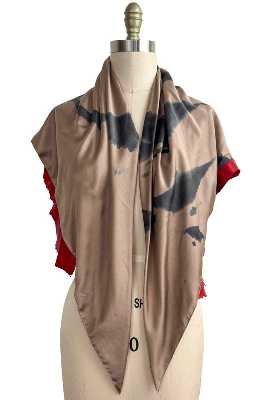 Triangle Shawl w/ Leather Trim | Silk Charmeuse | Spray Dyed | Gold & Bright Red