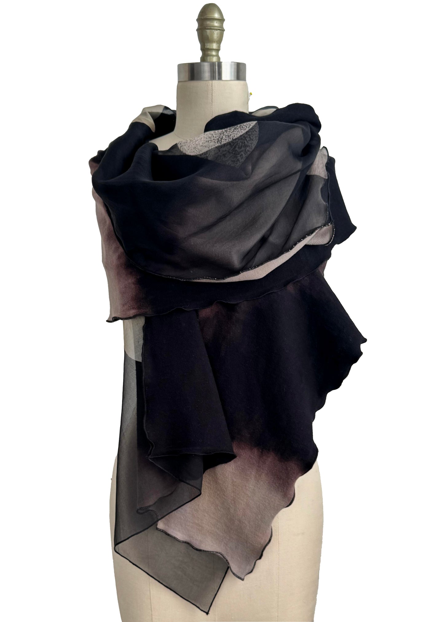 Double Layer Shawl | Silk Organza & Organic Cotton French Terry | Moon Print | Black & Natural