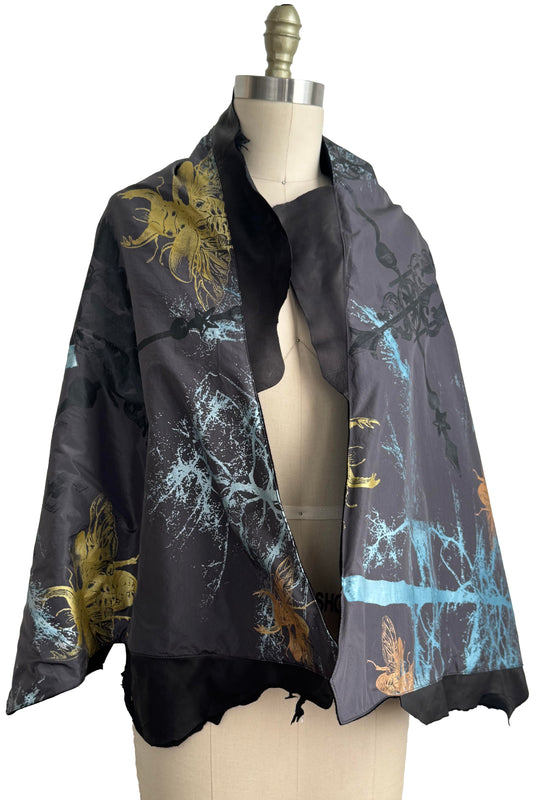 Opera Cape w/ Leather Trim | Silk Taffeta & Cashmere Lining | Branch & Bee Print | Grey