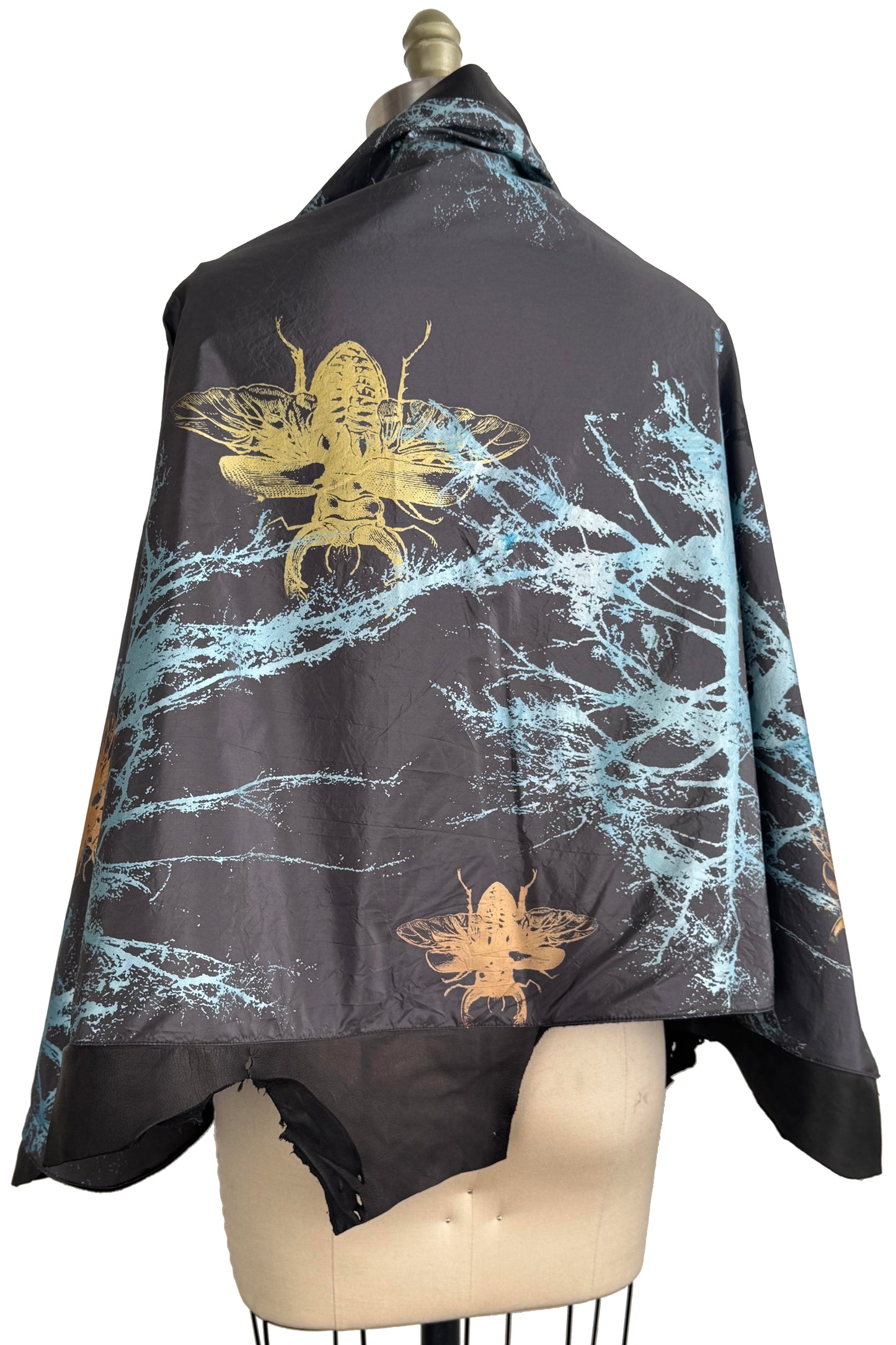 Opera Cape w/ Leather Trim | Silk Taffeta & Cashmere Lining | Branch & Bee Print | Grey