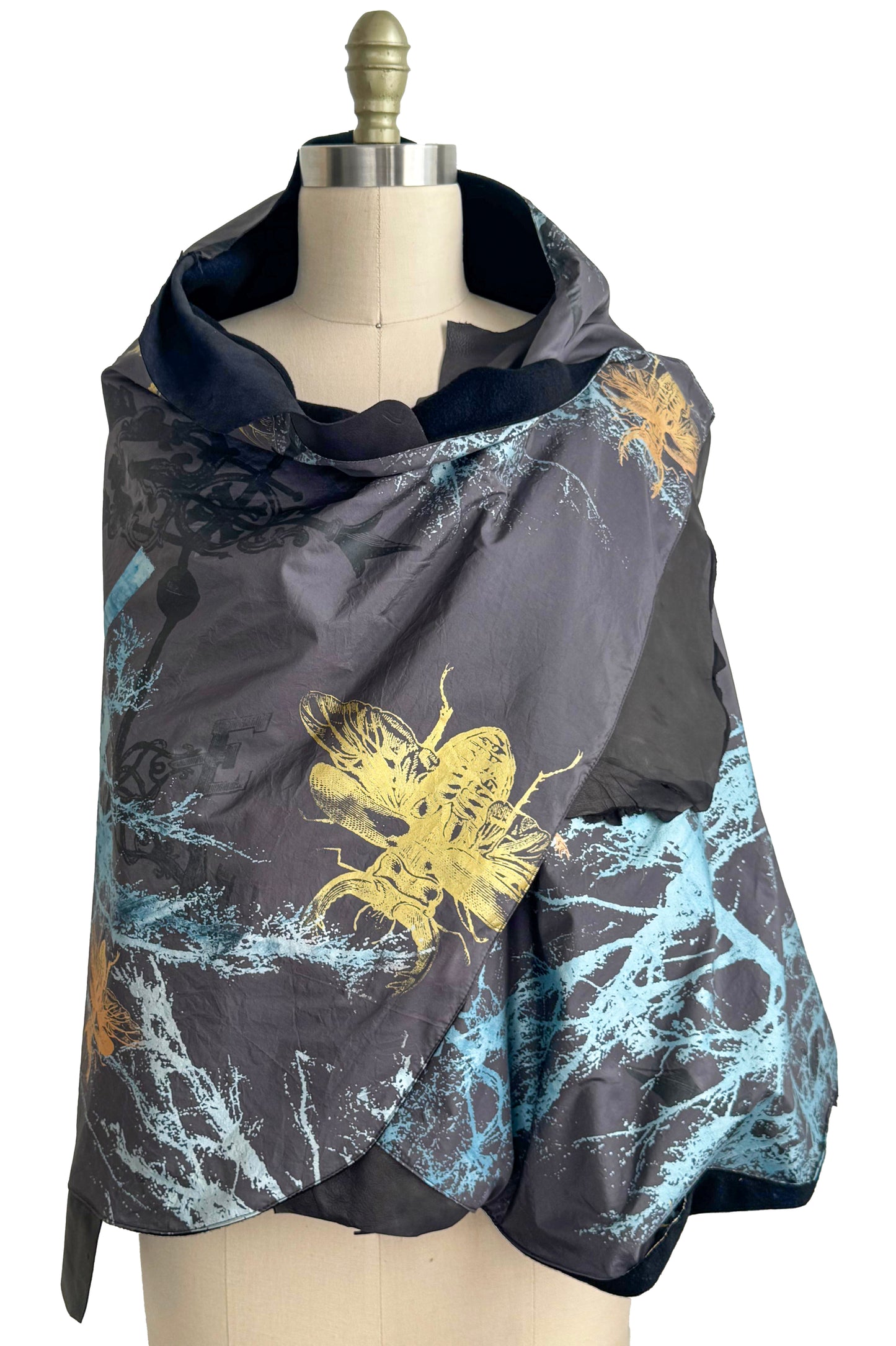 Opera Cape w/ Leather Trim | Silk Taffeta & Cashmere Lining | Branch & Bee Print | Grey