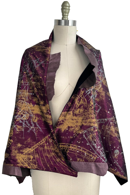Opera Cape w/ Leather Trim | Silk Taffeta & Cashmere Lining | Celestial Print | Mulberry