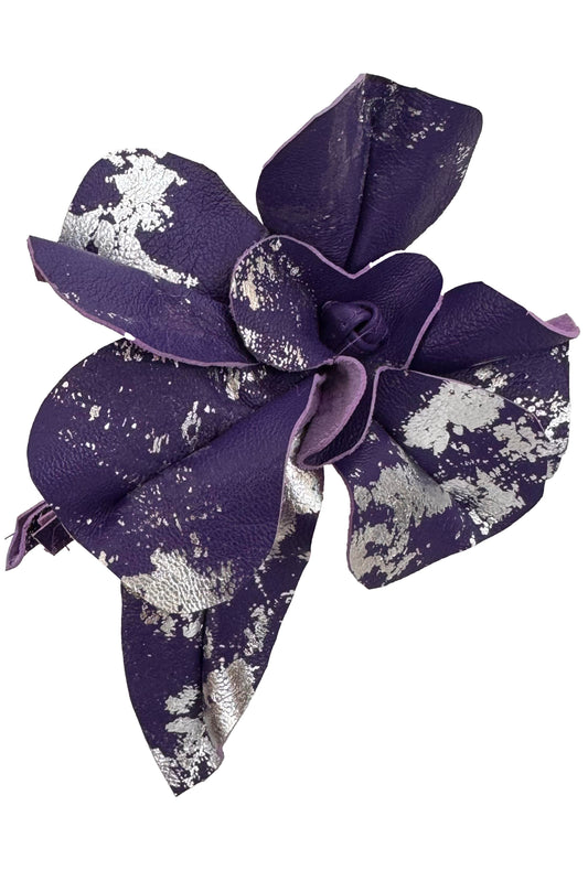 Magnetic Floral Brooch | Camellia | Leather | Foiled | Purple & Silver