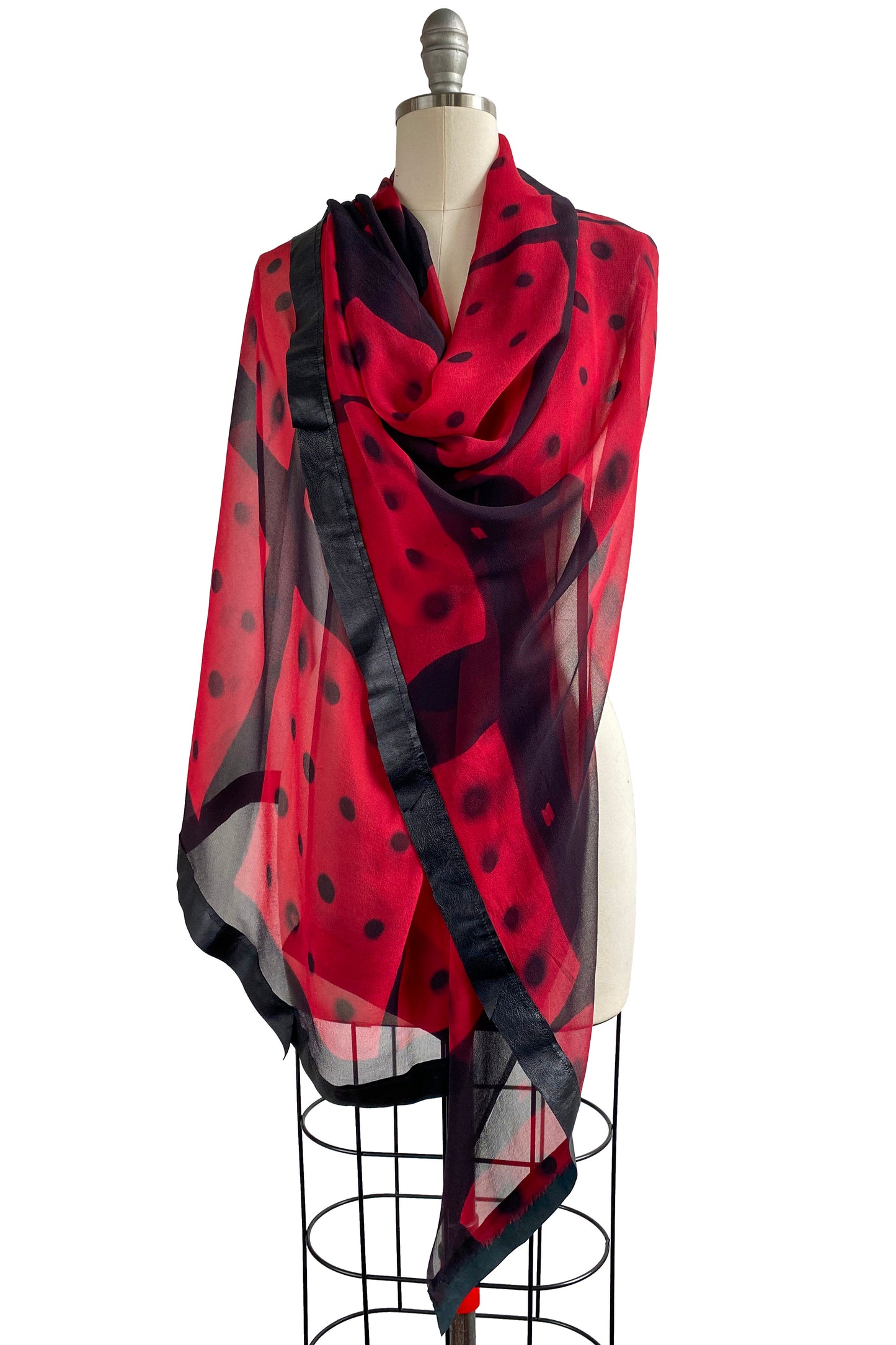 Shawl w/ Leather Trim | Silk Chiffon | Itajime Dye | Domino Red & Black