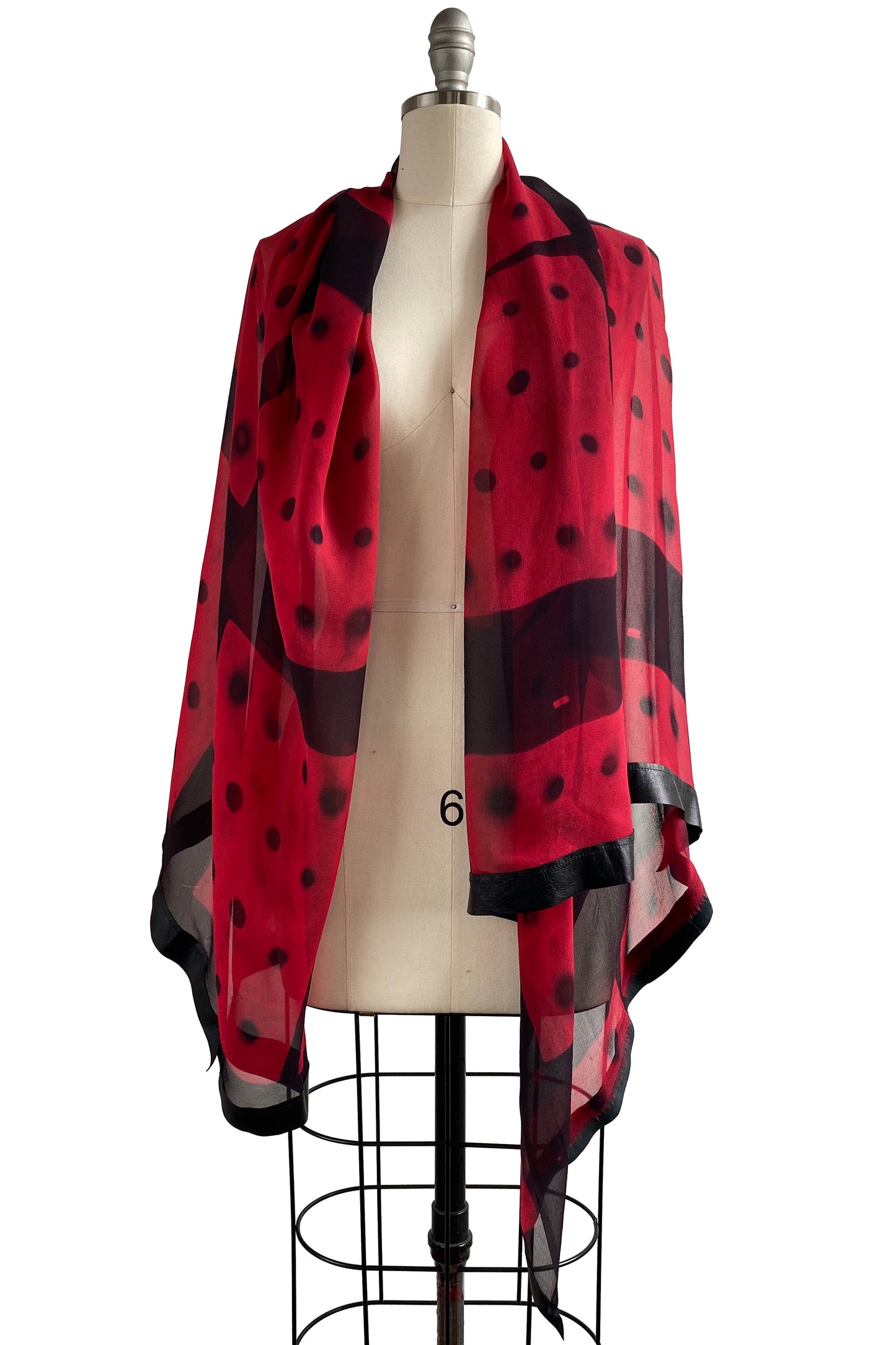 Shawl w/ Leather Trim | Silk Chiffon | Itajime Dye | Domino Red & Black