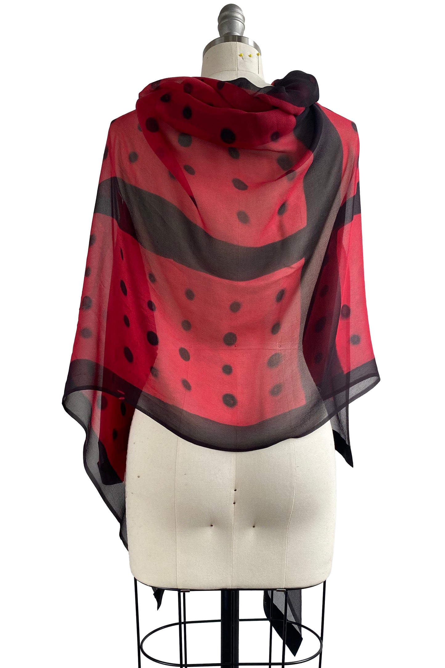 Shawl w/ Leather Trim | Silk Chiffon | Itajime Dye | Domino Red & Black