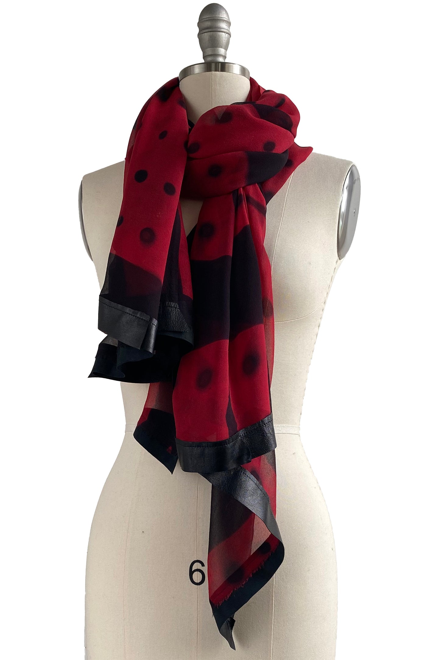 Shawl w/ Leather Trim | Silk Chiffon | Itajime Dye | Domino Red & Black