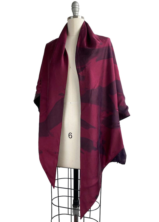 Triangle Shawl w/ Leather Trim | Silk Charmeuse | Spray Dyed | Deep Red & Eggplant