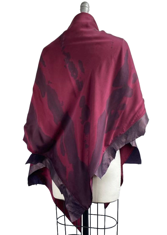 Triangle Shawl w/ Leather Trim | Silk Charmeuse | Spray Dyed | Deep Red & Eggplant