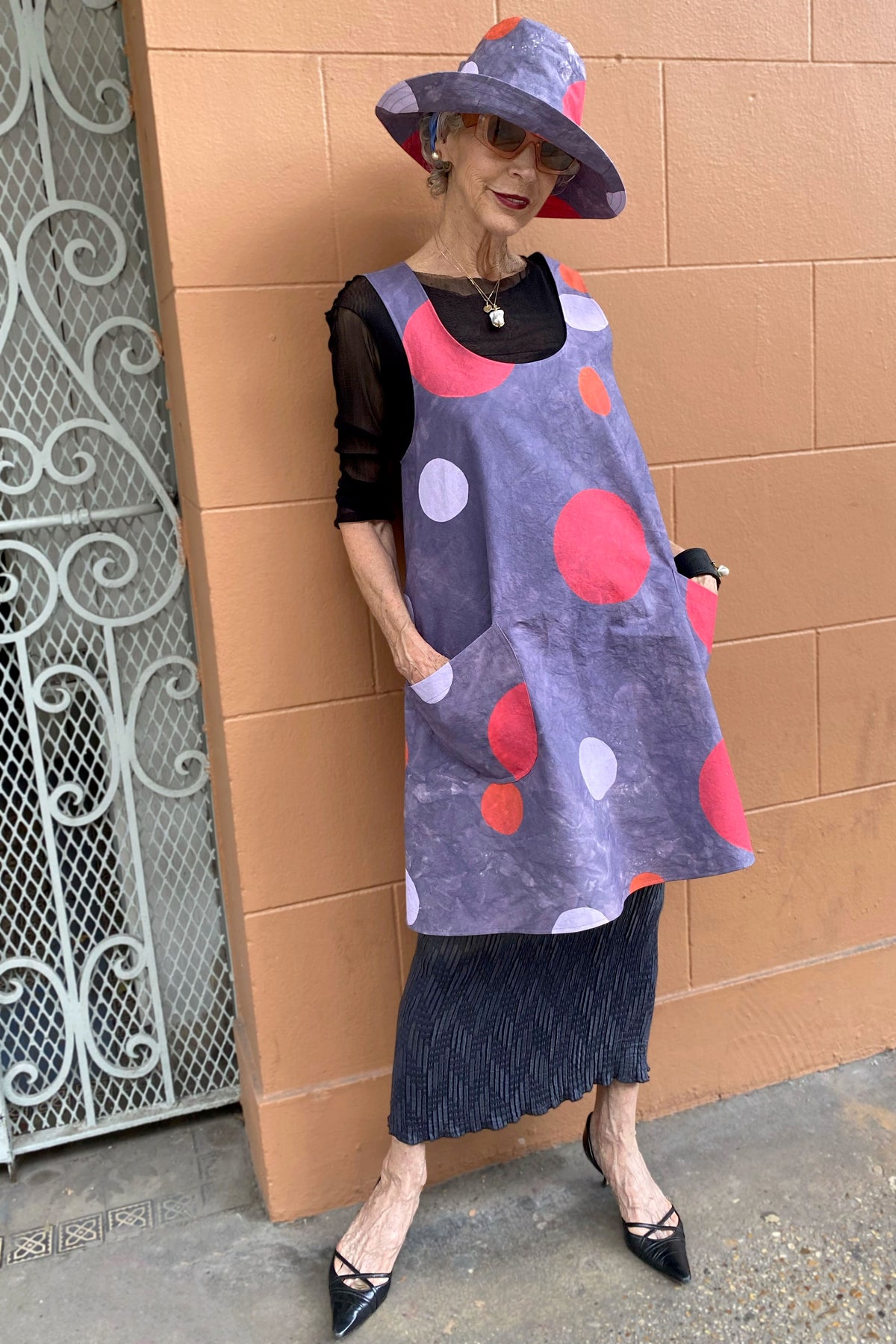 Apron Dress | Cotton | Chaos Print - White, Black & Berry
