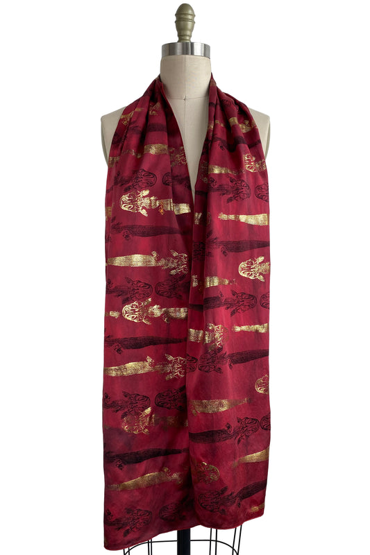 Charmeuse Scarf w/ Foil Fishbone Print - Red, Gold & Black