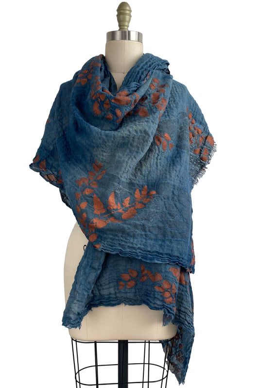 Felted Wool Shawl w/ Vine Print - Indigo