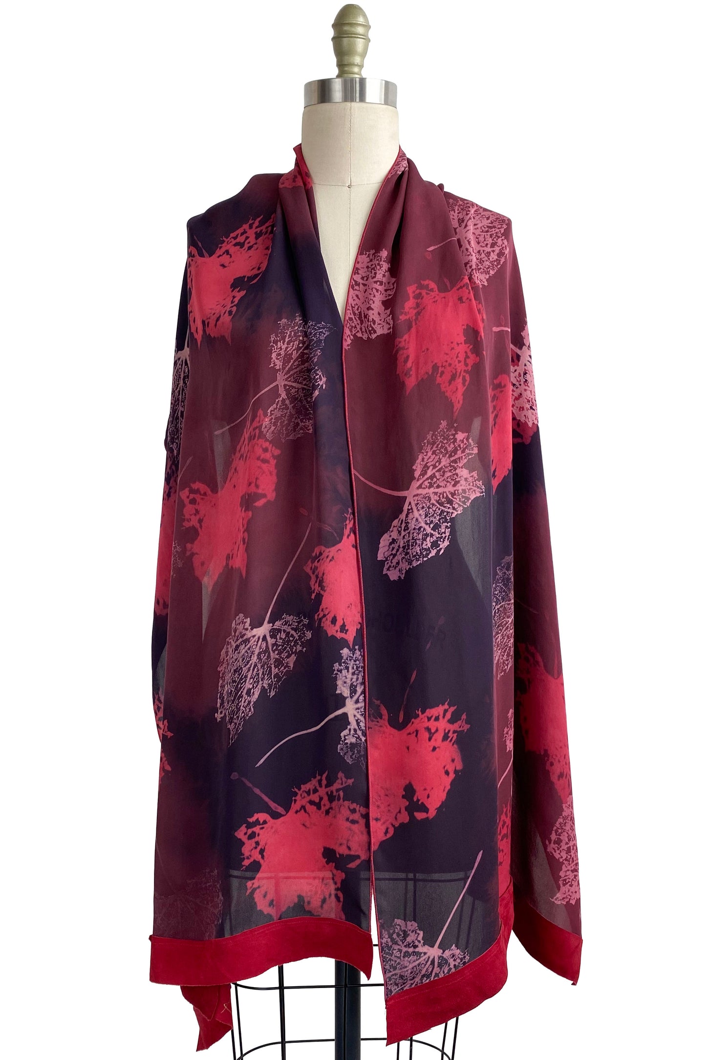 Chiffon Shawl w/ Leather Trim Leaf Print - Red & Purple