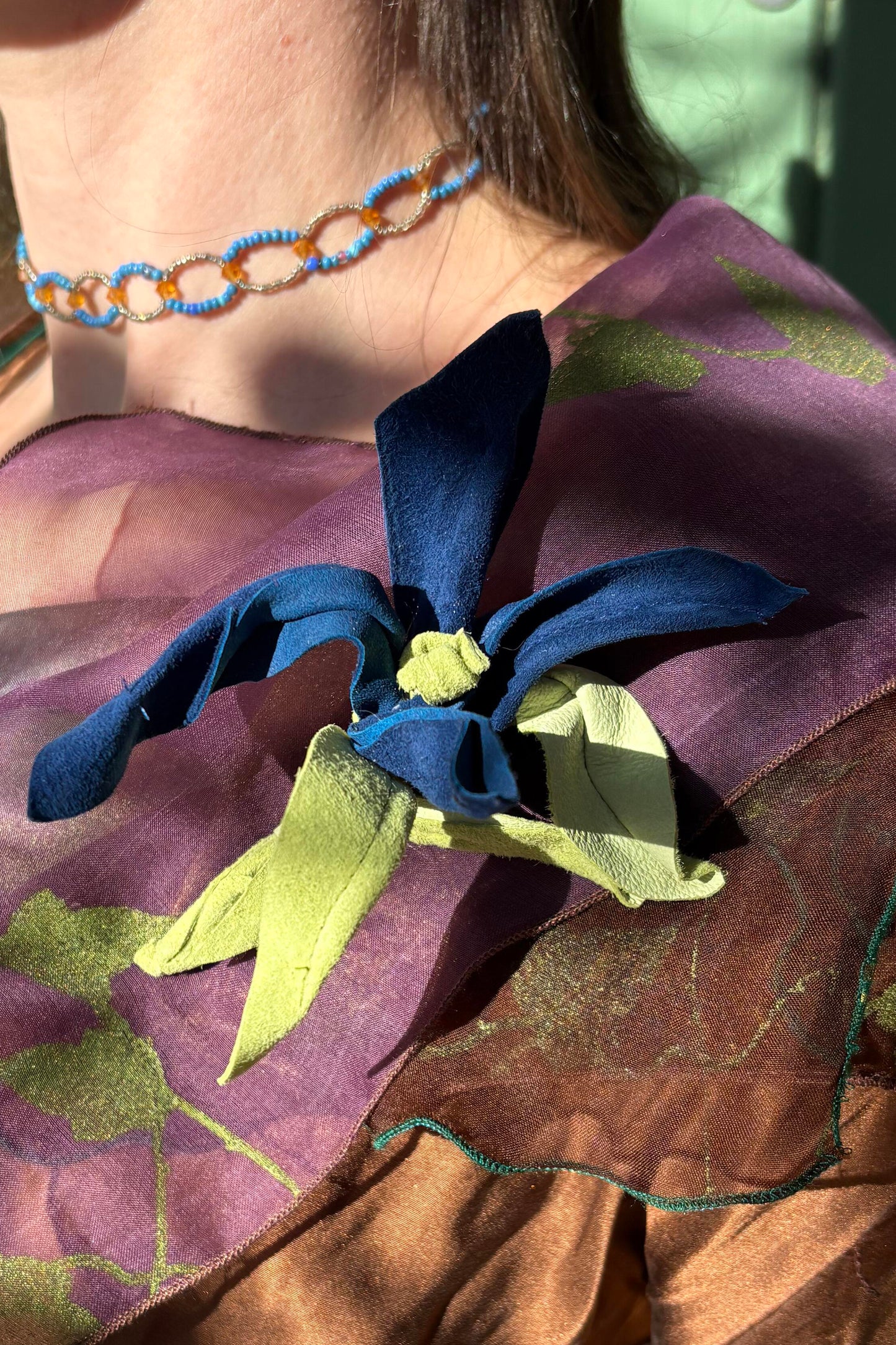 Magnetic Floral Brooch | Orchid | Leather | Blue & Green