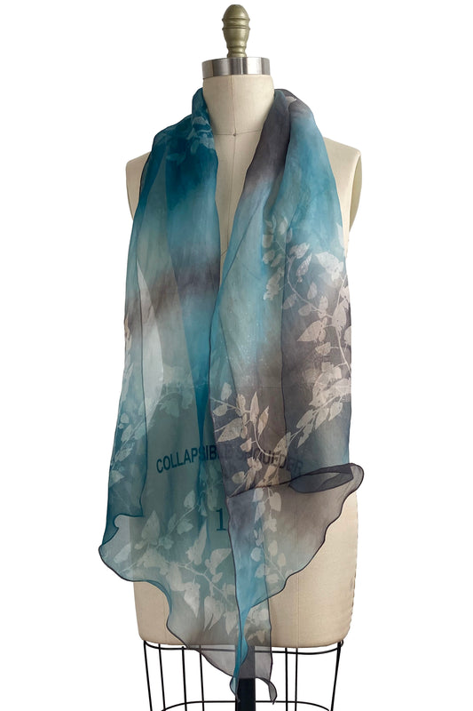 Organza Scarf w/ Vine Print - Black, Turquoise & Natural