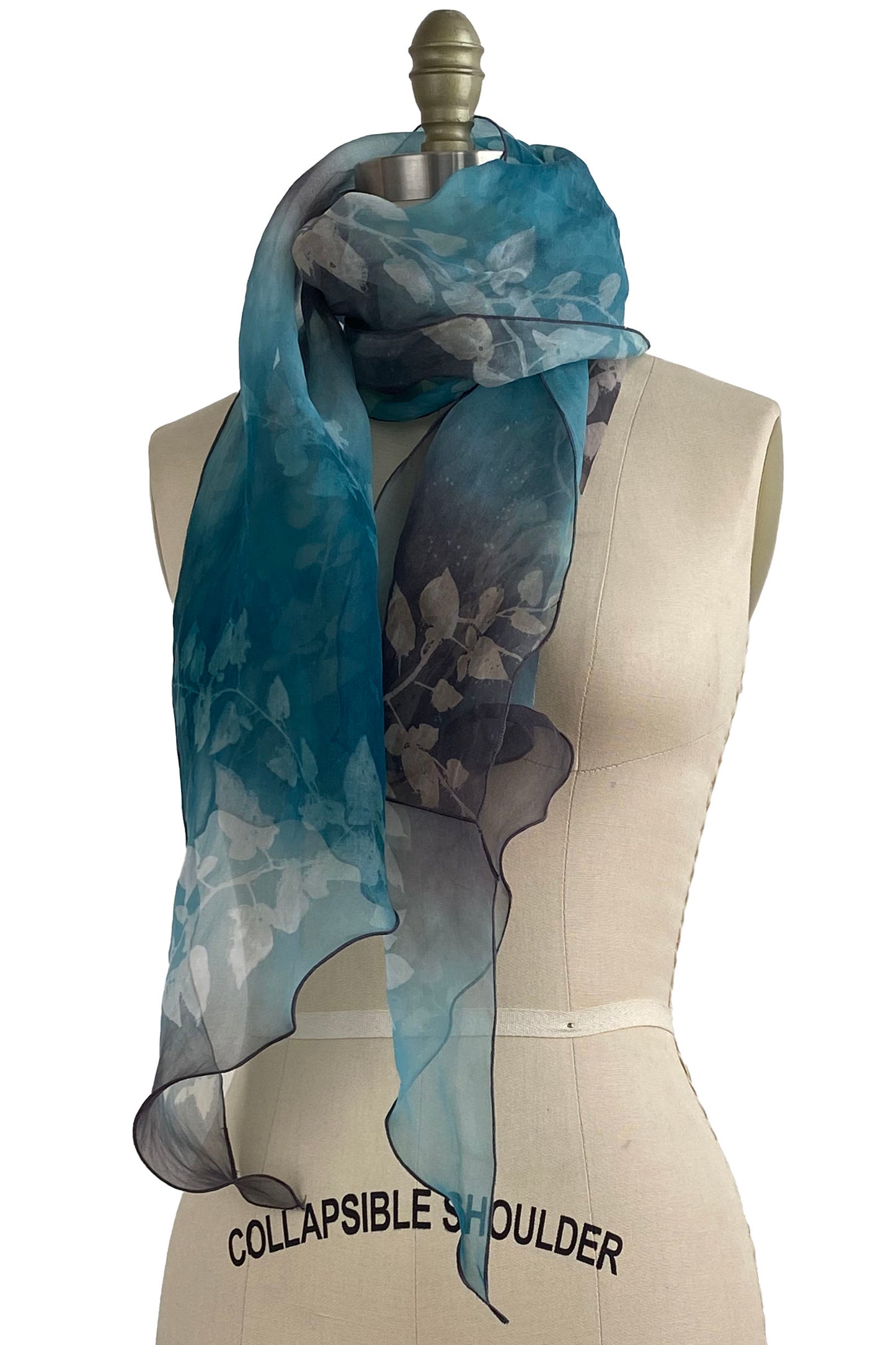 Organza Scarf w/ Vine Print - Black, Turquoise & Natural