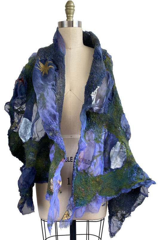 Felted  Organza Shawl w/ Dot Moon Print - Purple & Olive