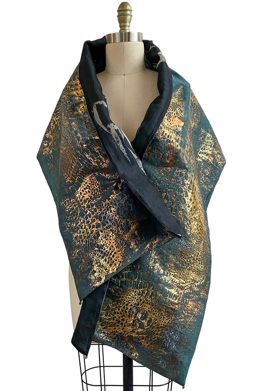 Foil Printed Reversible Shawl w/ Organza - Alligator & Eucalyptus Print