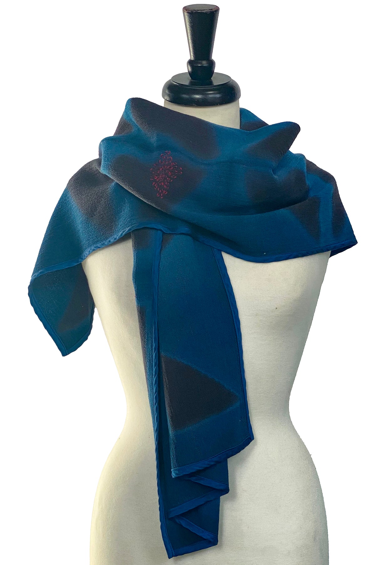 Shawl w/ Bias Trim | Italian Wool | Itajime Dyed & Sachiko Stitching | Teal, Black & Red