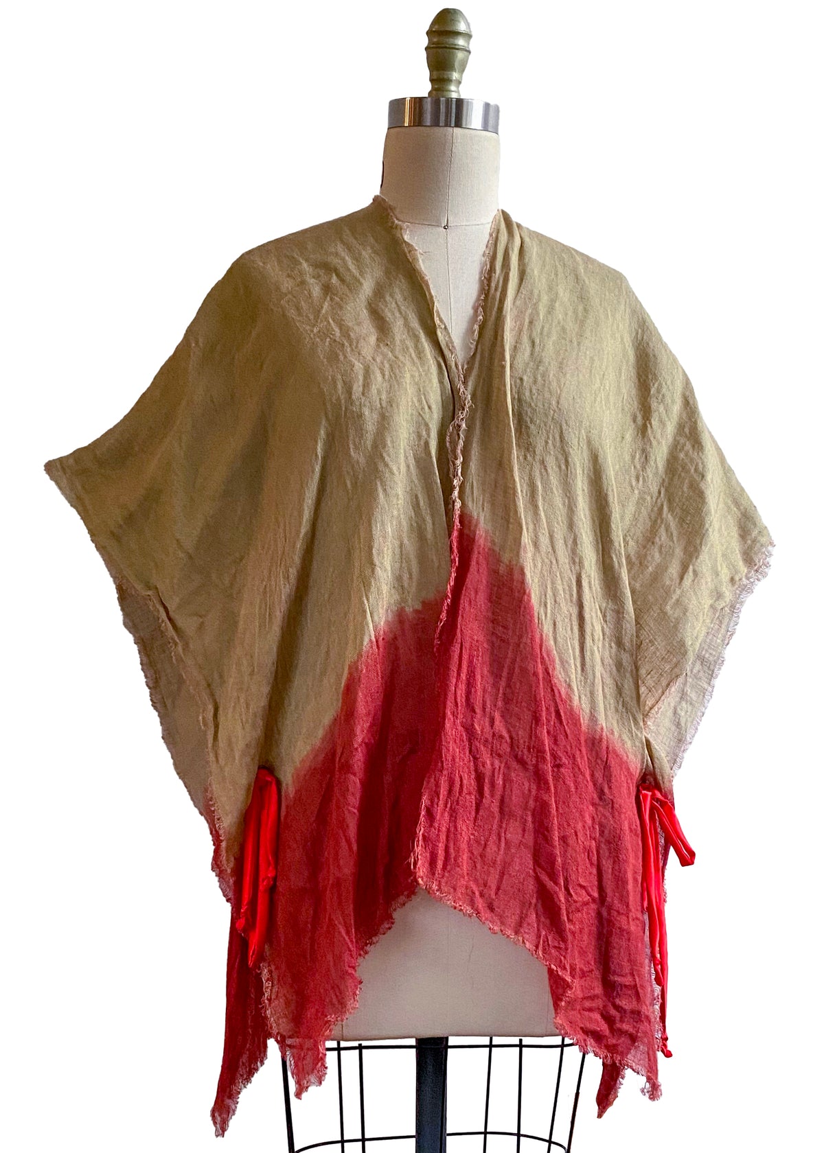 Cover-up w/ Silk Ties | Open Weave Linen | Ombre Dyed | Sage & Red