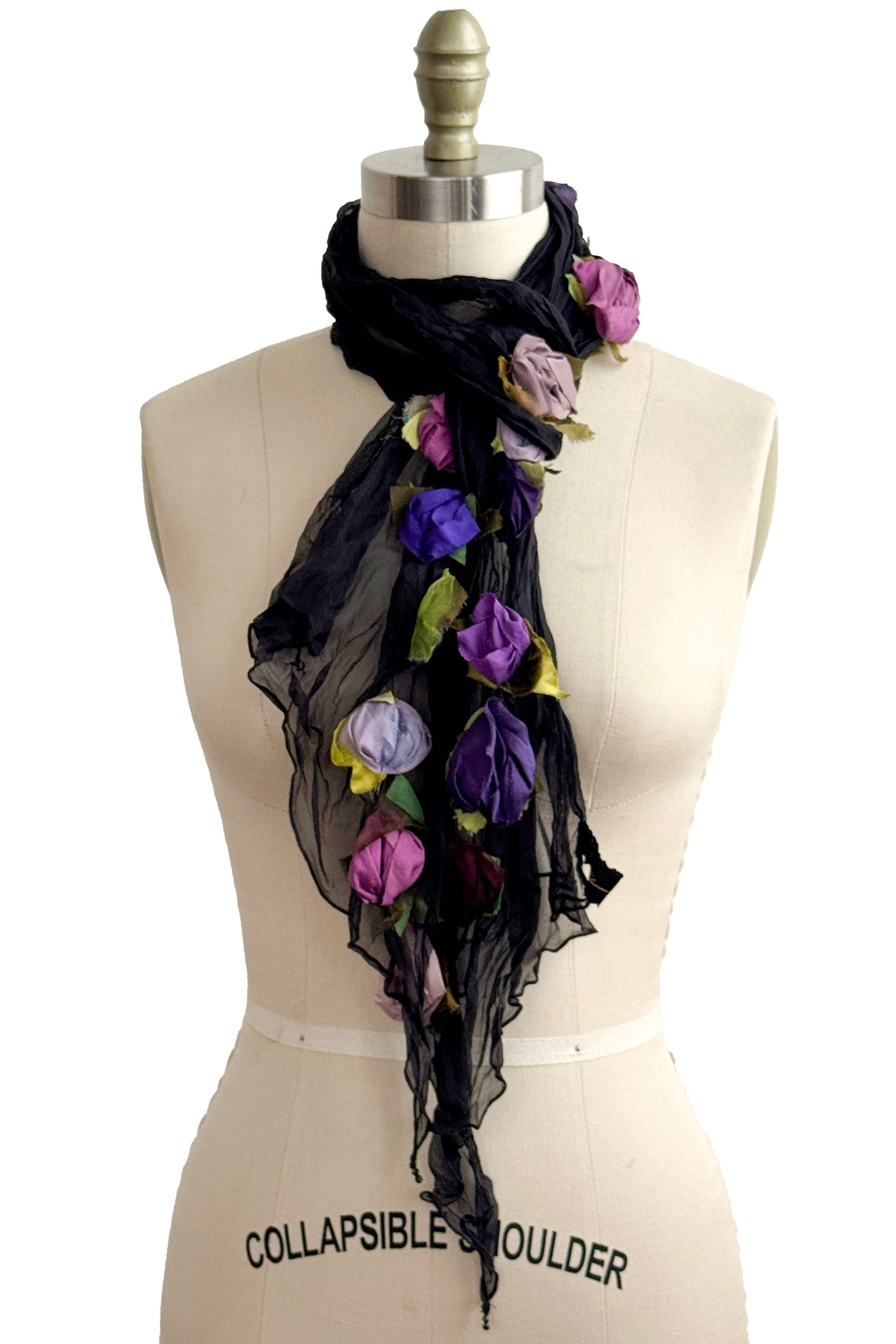 Organza Flower Scarf | Black w/ Purple, Eggplant, Violet, Lavender