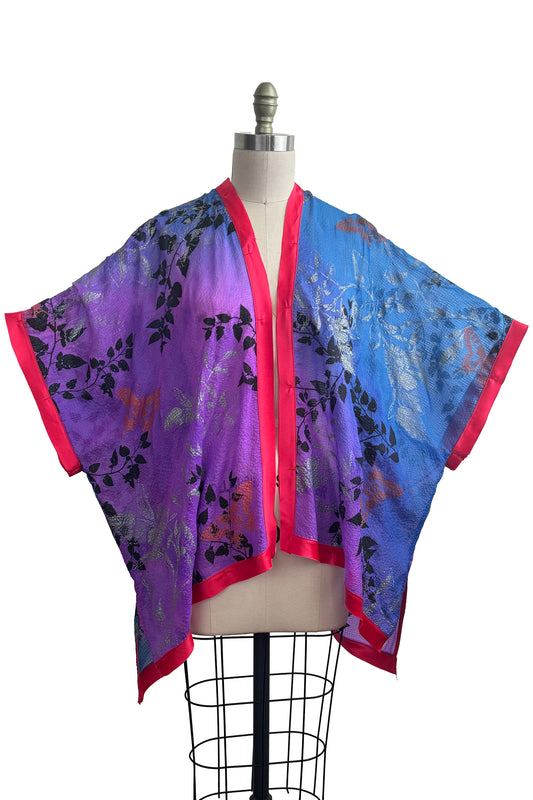 Lucianne Drape | Seersucker Silk | Vine & Camelia Print | Pink, Purple, Silver & Blue