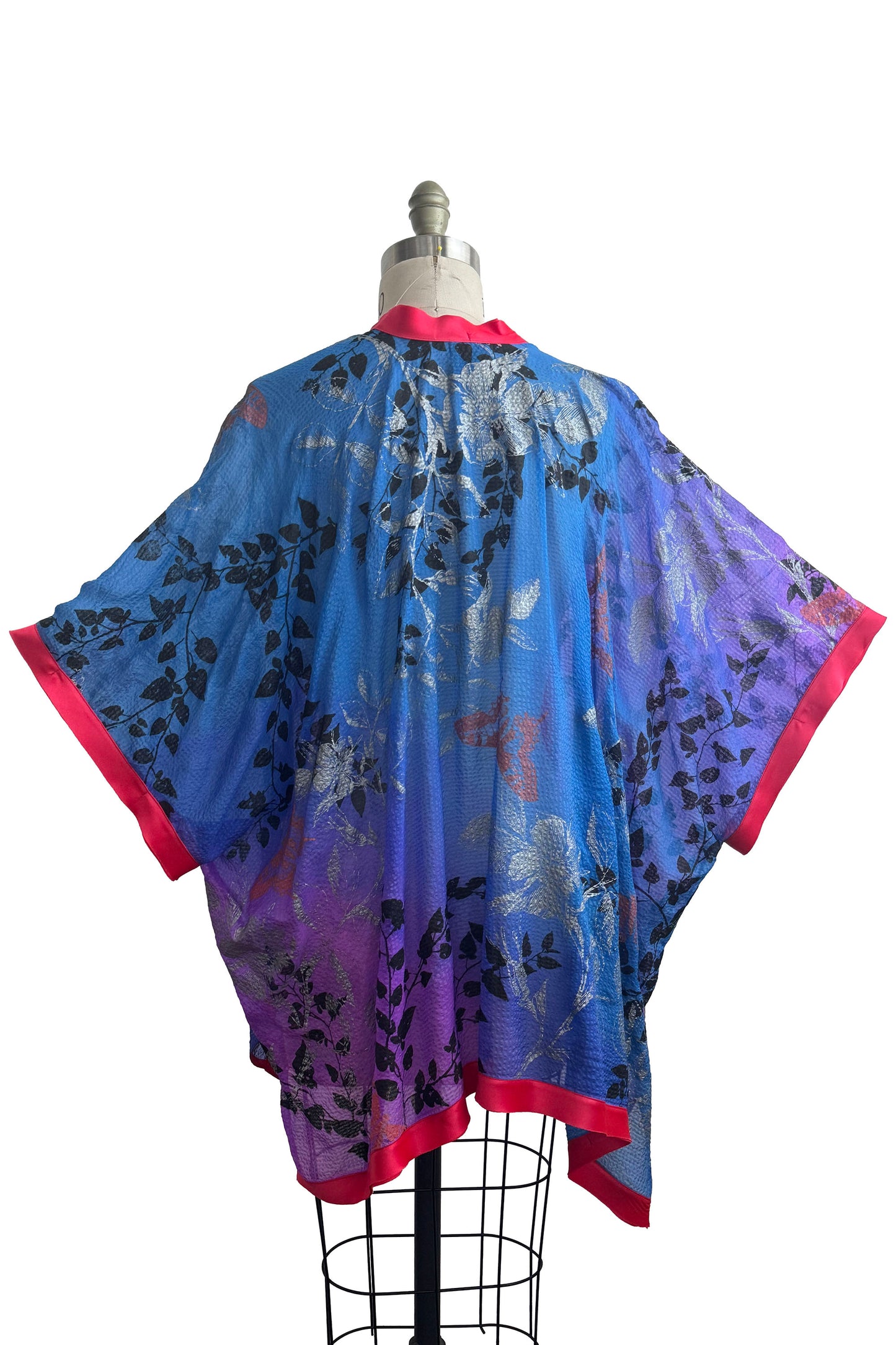 Lucianne Drape | Seersucker Silk | Vine & Camelia Print | Pink, Purple, Silver & Blue