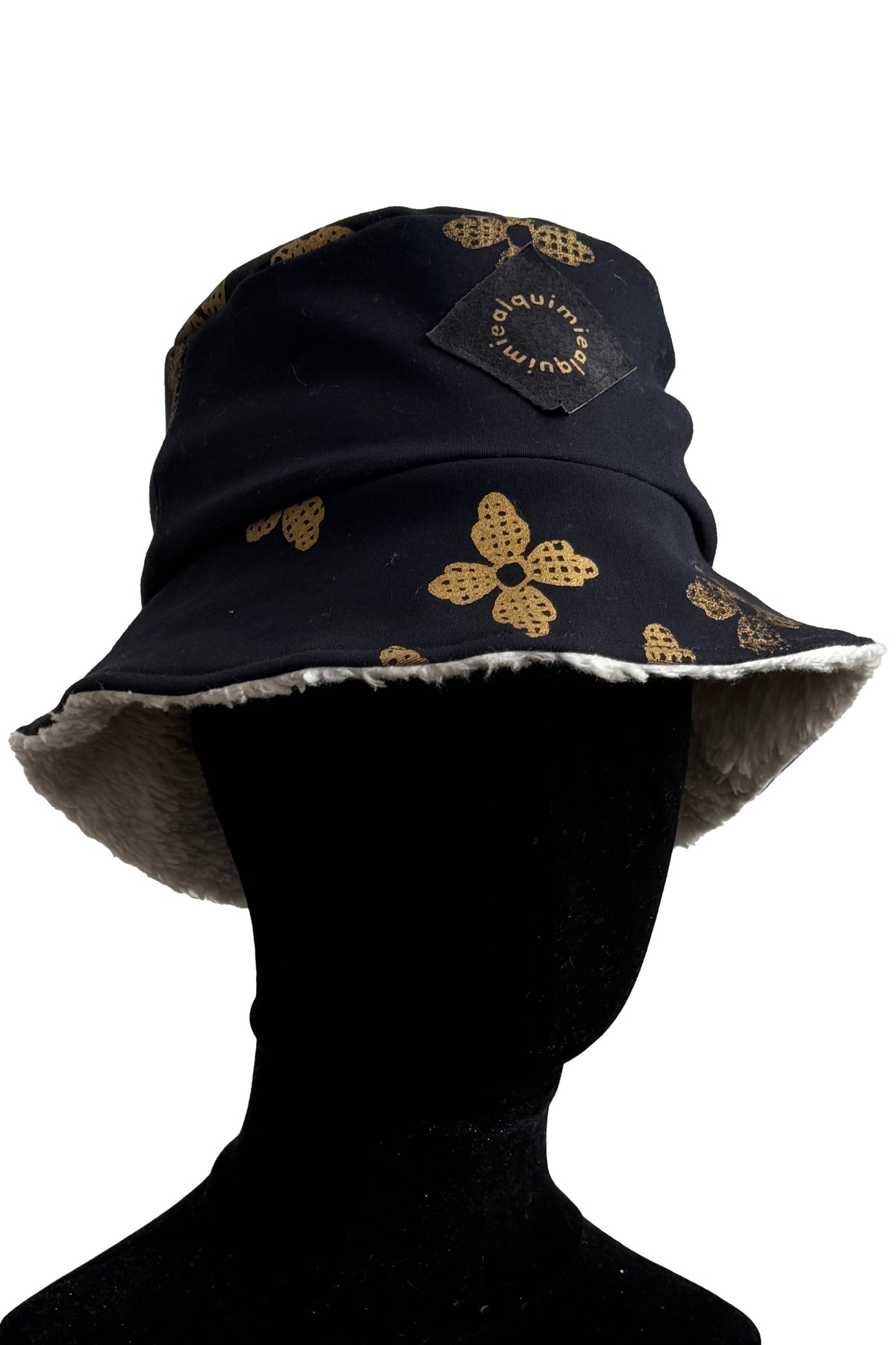 KB x Alquimie Studio Reversible Sherpa Bucket Hat | Organic Cotton Sherpa & Ponte Knit | Quatrefoil Print Lining | Ivory
