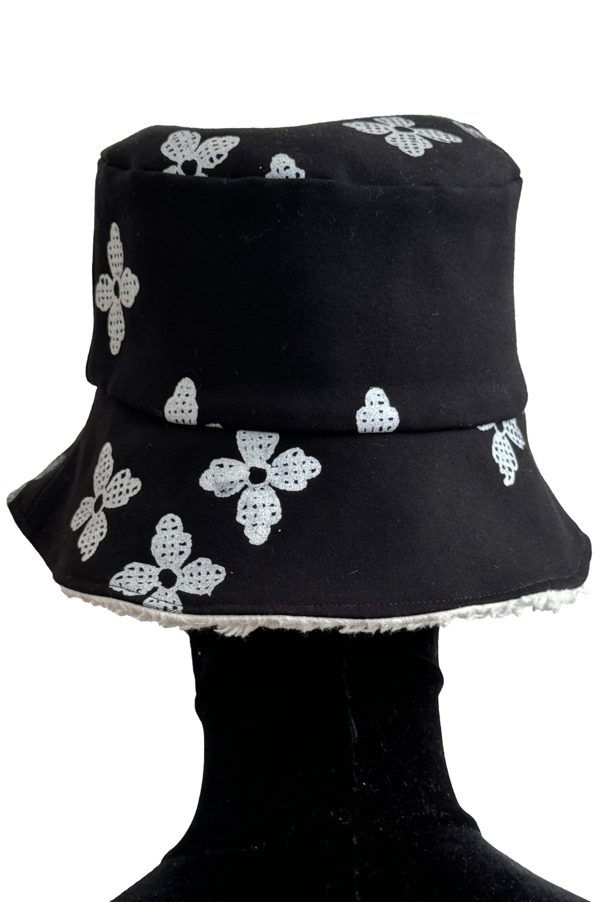 KB x Alquimie Studio Reversible Sherpa Bucket Hat | Organic Cotton Sherpa & Ponte Knit | Quatrefoil Print Lining | Ivory