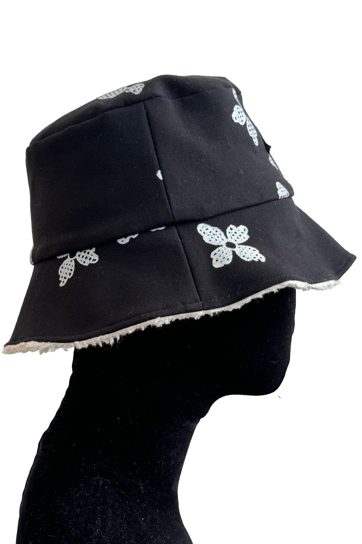 KB x Alquimie Studio Reversible Sherpa Bucket Hat | Organic Cotton Sherpa & Ponte Knit | Quatrefoil Print Lining | Ivory