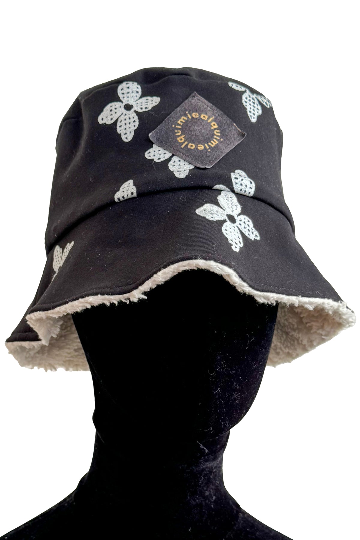 KB x Alquimie Studio Reversible Sherpa Bucket Hat | Organic Cotton Sherpa & Ponte Knit | Quatrefoil Print Lining | Ivory