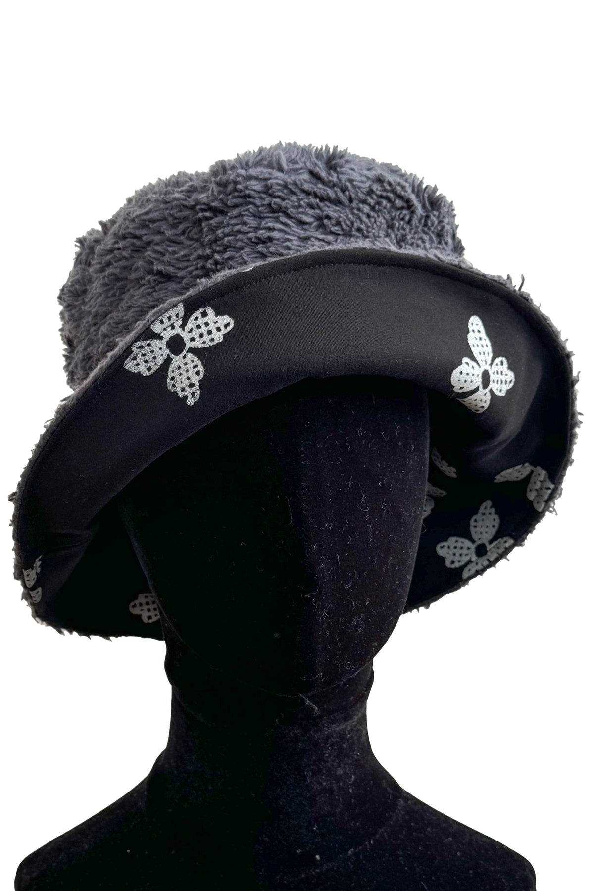 KB x Alquimie Studio Reversible Sherpa Bucket Hat | Organic Cotton Sherpa & Ponte Knit | Quatrefoil Print Lining | Navy