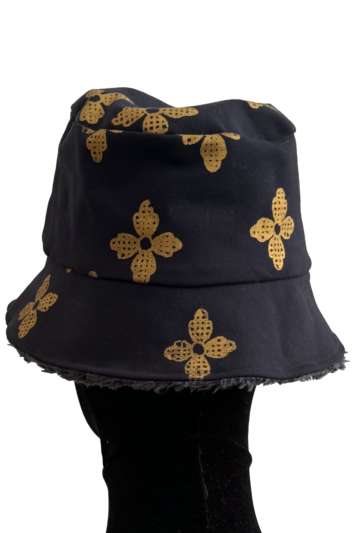 KB x Alquimie Studio Reversible Sherpa Bucket Hat | Organic Cotton Sherpa & Ponte Knit | Quatrefoil Print Lining | Navy