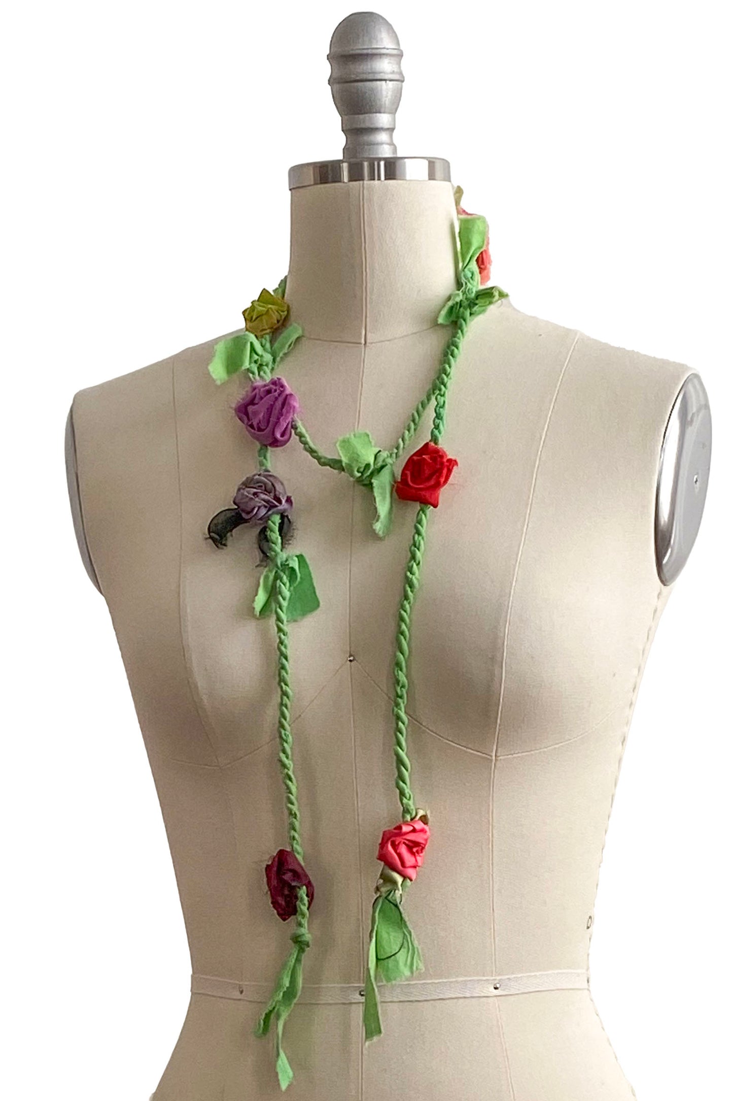 Hand Twisted Rope Flower Lariat | Reclaimed Silk | Red, Purple, Pink, Green