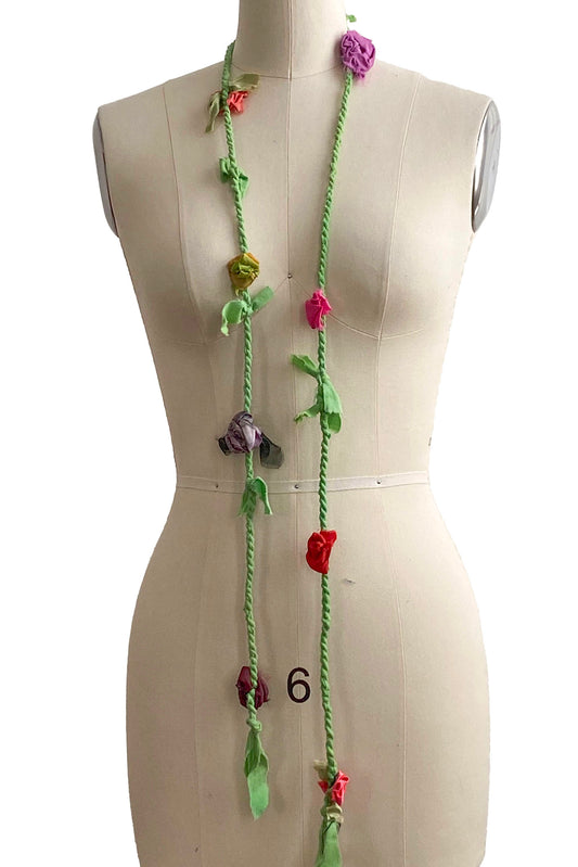 Hand Twisted Rope Flower Lariat | Reclaimed Silk | Red, Purple, Pink, Green