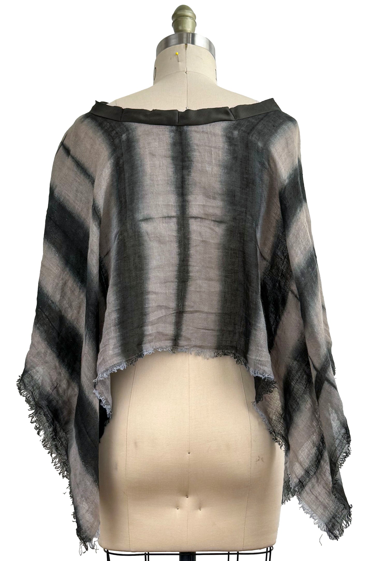 Open Weave Poncho w/ Silk Trim | Open Weave Linen | Itajime Dye | Grey & Black