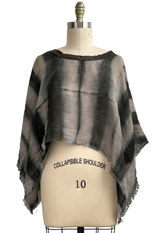 Open Weave Poncho w/ Silk Trim | Open Weave Linen | Itajime Dye | Grey & Black