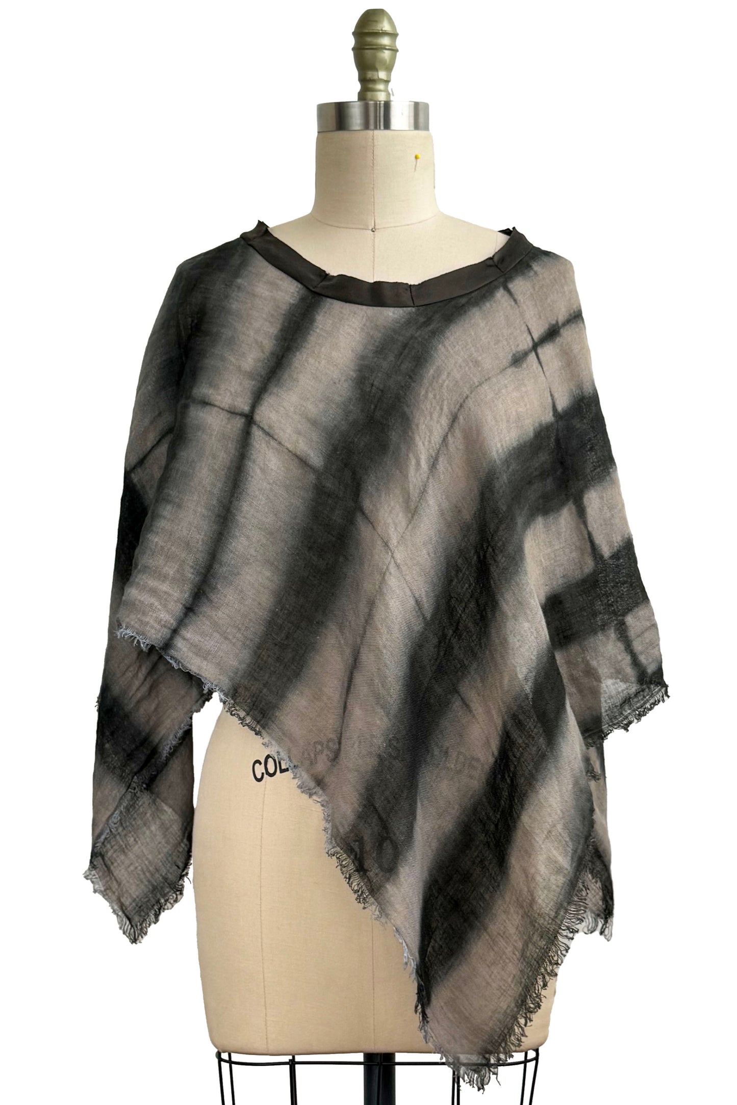 Open Weave Poncho w/ Silk Trim | Open Weave Linen | Itajime Dye | Grey & Black