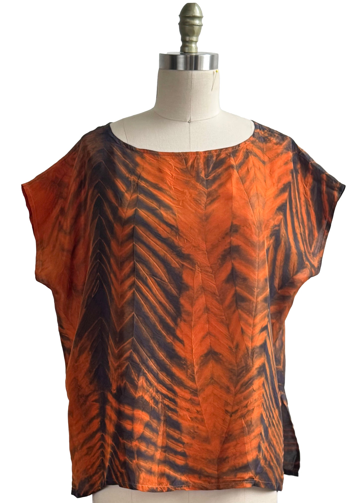 Square Top in Silk w/ Shibori Dye - Orange & Charcoal - M/L