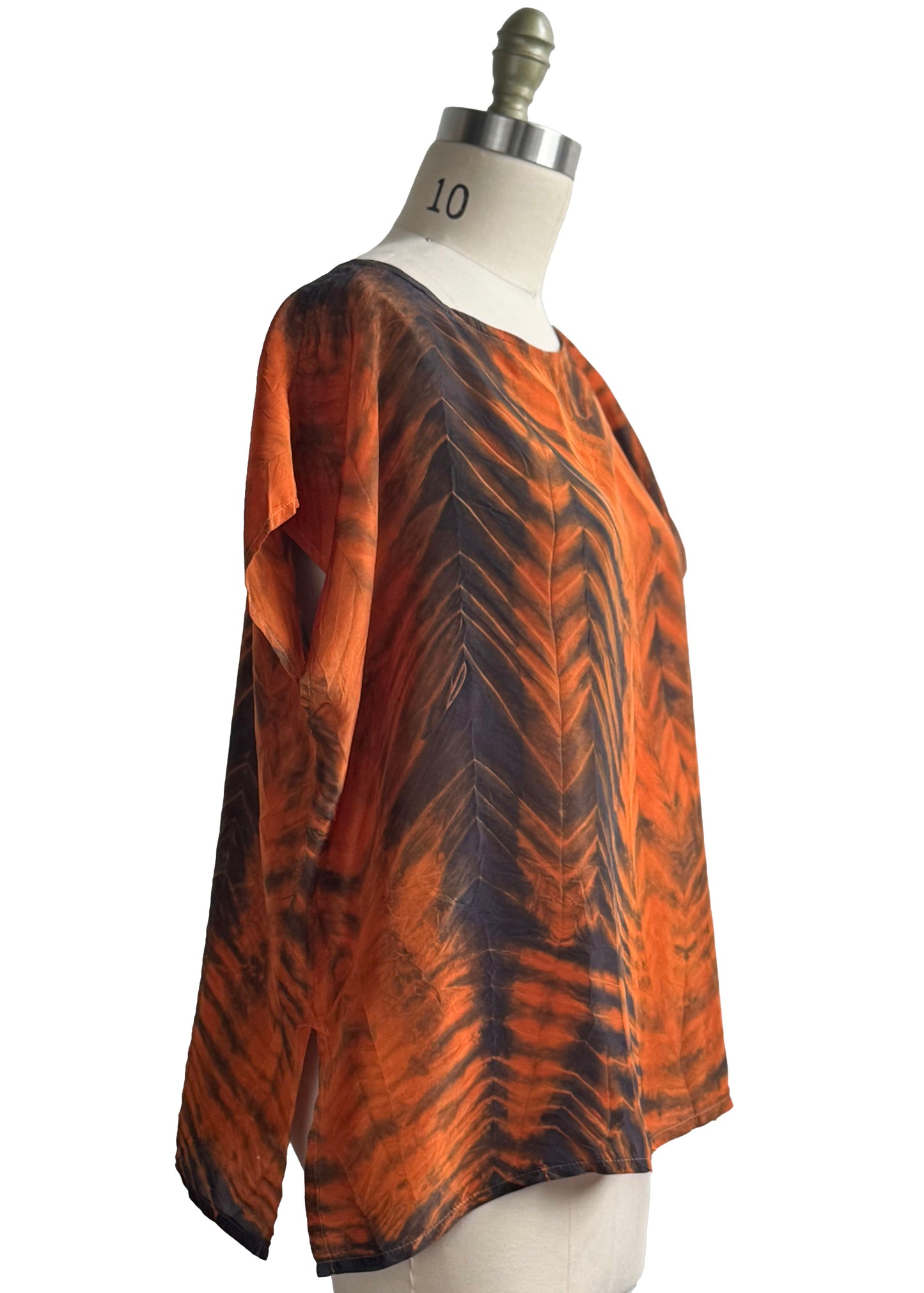 Square Top in Silk w/ Shibori Dye - Orange & Charcoal - M/L