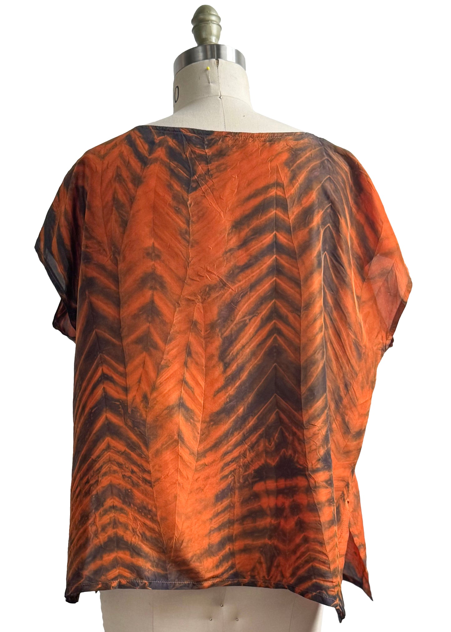 Square Top in Silk w/ Shibori Dye - Orange & Charcoal - M/L